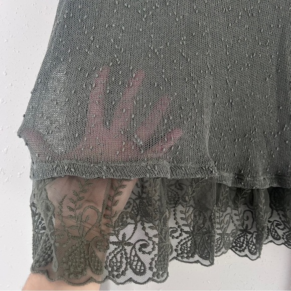 Green Semi Sheer Elegant Lace Trimmed Top Blouse Boho Bohemian Casual Large - Picture 2 of 5